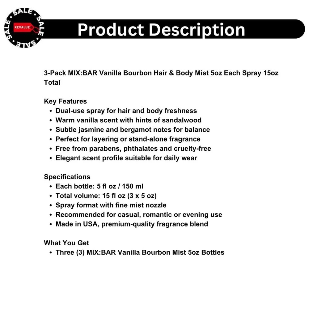 3-Pack MIX:BAR Vanilla Bourbon‎ Hair & Body Mist 5oz Each Spray 15oz Total